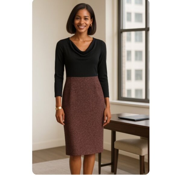 Talbots Black & Tweed Drape Neck Career Dress - Picture 3 of 9